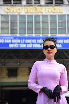 A fashionable woman in pink traditional Vietnamese clothing stands confidently in front of Chợ Biên Hòa market.