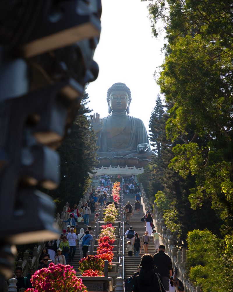 The Tian Tan Buddha at the top of its staircase on Lantau Island, Hong Kong