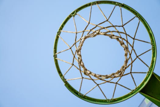 Looking up through a green basketball hoop with netting and a background of clear blue sky.