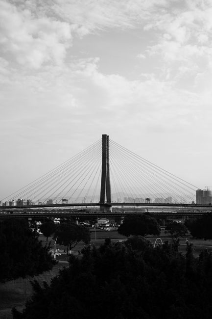 Black and white photo of a cable-stayed bridge with city skyline in New Taipei City, Taiwan.