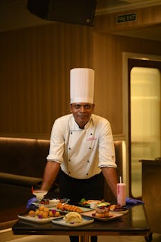 Portrait of a head chef presenting gourmet dishes in a luxurious Goa restaurant.