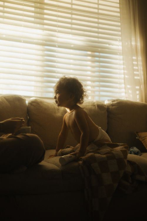 Free A toddler sits on a sofa in warm morning light, creating a cozy atmosphere indoors. Stock Photo