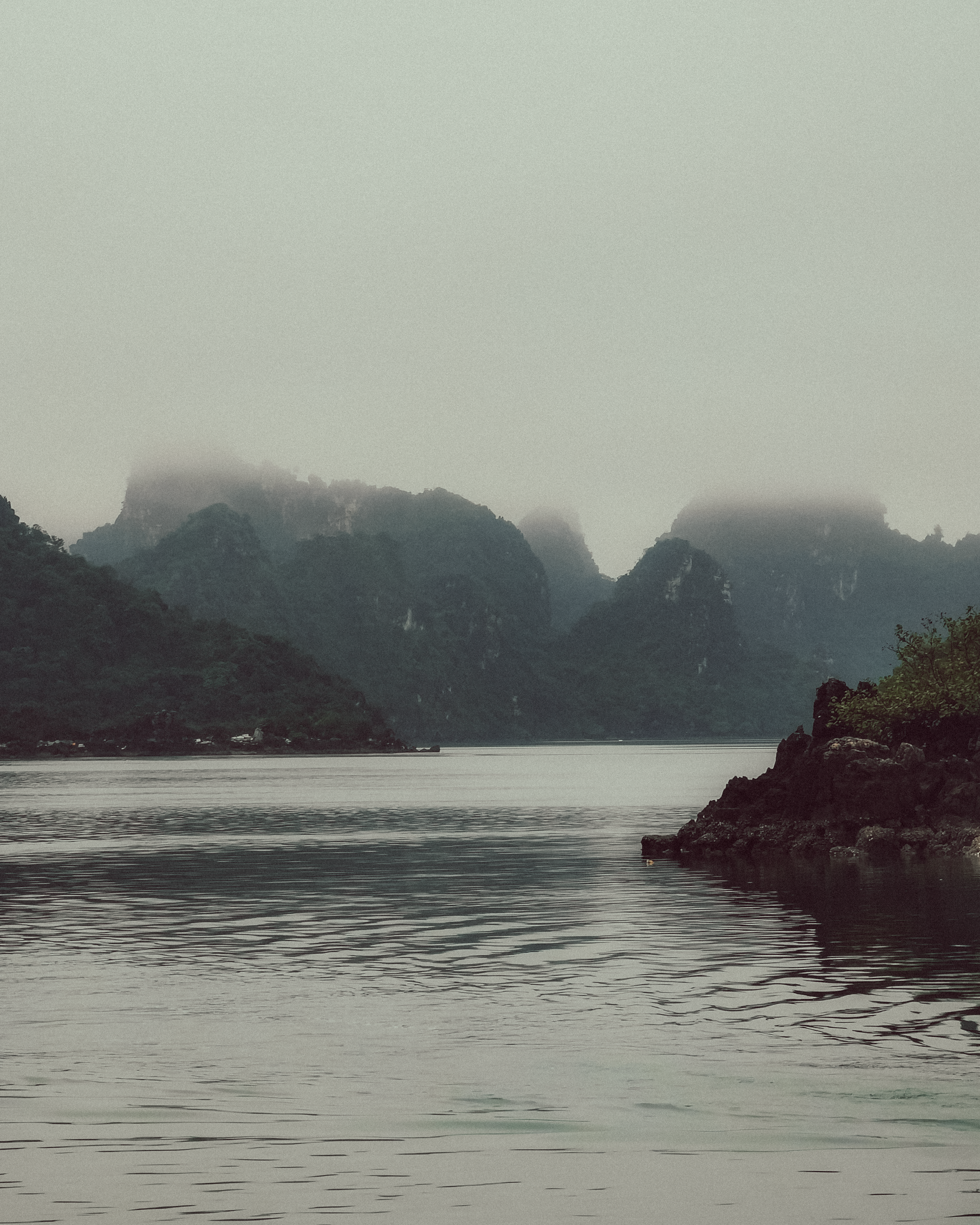 Serene misty landscape of Halong Bay with calm waters and striking limestone islands.
