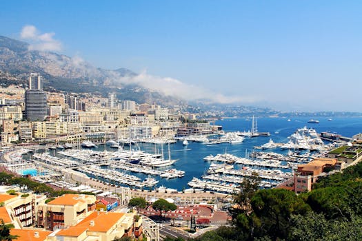 A stunning aerial view of Monte Carlo's marina with yachts and city buildings. by JÉSHOOTS