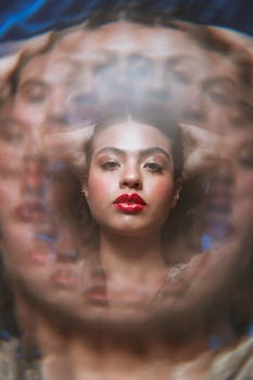 一幅展现女性艺术肖像的作品，具有棱镜效果和大胆红唇