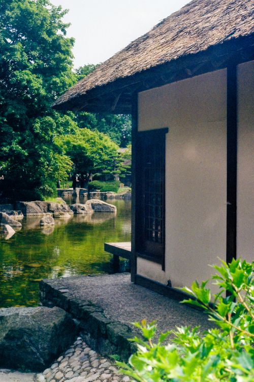 Free Peaceful Japanese garden scene in Hamburg with a traditional teahouse by a tranquil pond. Stock Photo