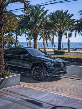 A sleek black luxury car parked alongside a palm-lined coastal road with a stunning ocean view.