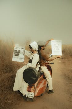 Vintage-style photo of a couple on a scooter holding Save the Date posters in a field.