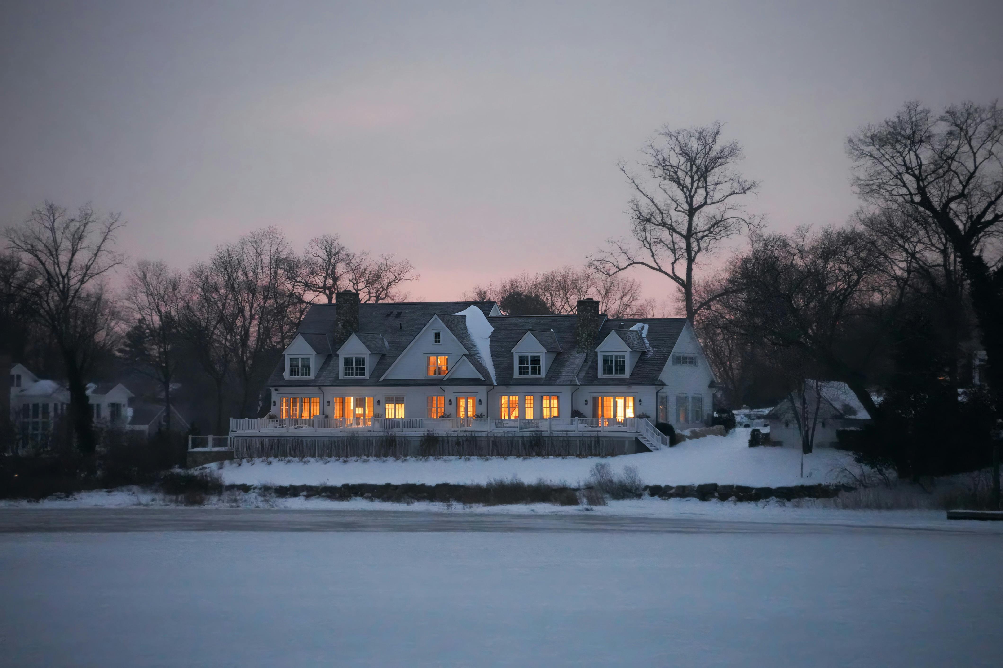 snowy winter home in Gaylord, MI with outdoor HVAC system