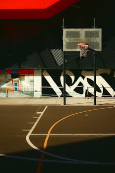 A city basketball court adorned with vibrant graffiti art under bright sunlight.