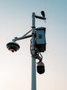 Modern Surveillance Cameras on Pole at Dusk