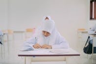 Indonesian Muslim Student Studying in Classroom