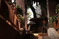 Cozy Outdoor Cafe with Wooden Decor and Greenery