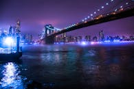 纽约市的水面上，映照着迷人的布鲁克林大桥夜色和城市灯光