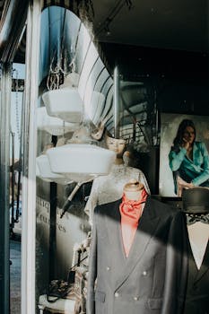 复古风格的店面橱窗里，人体模型在自然光下优雅地展示着时尚