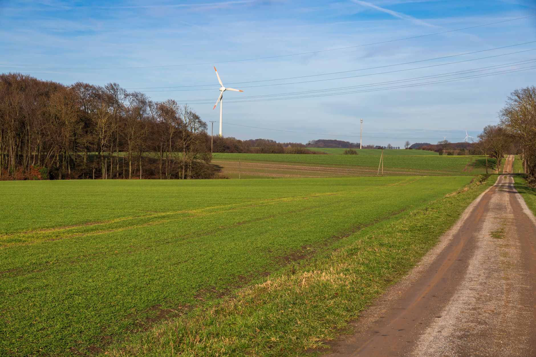 Beautiful landscape of green fields and a wind turbine in Coesfeld, Germany.