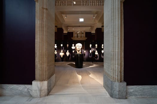 Marble sculptures on display in an Istanbul museum, showcasing ancient art.