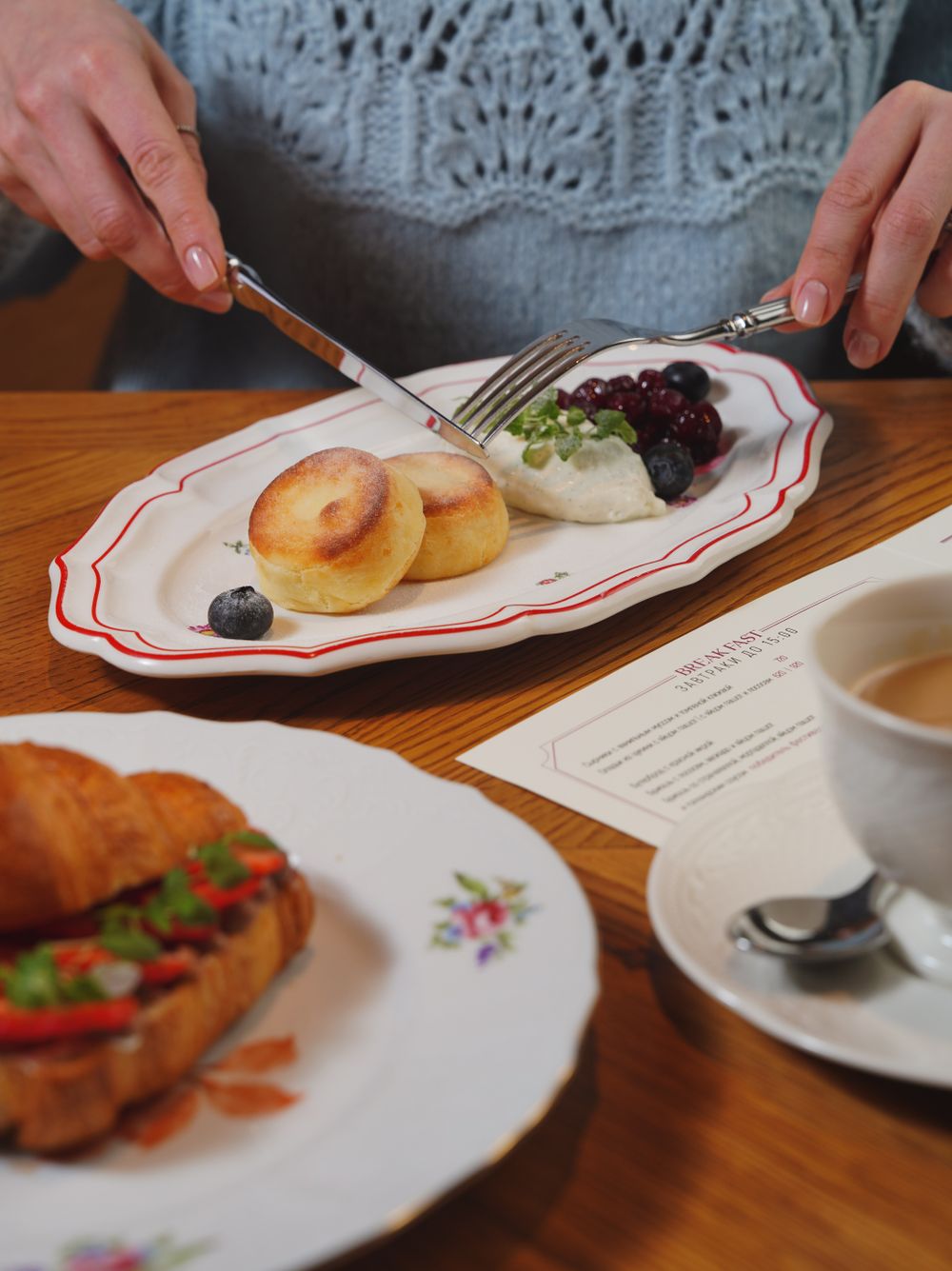 Brunch spread with pancakes and pastry