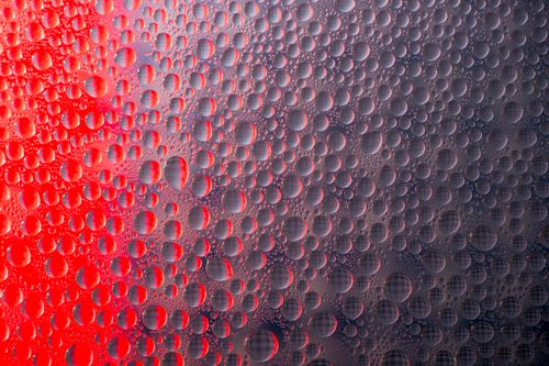 Free Close-up of water droplets on a vibrant red and purple surface, creating an abstract pattern. Stock Photo