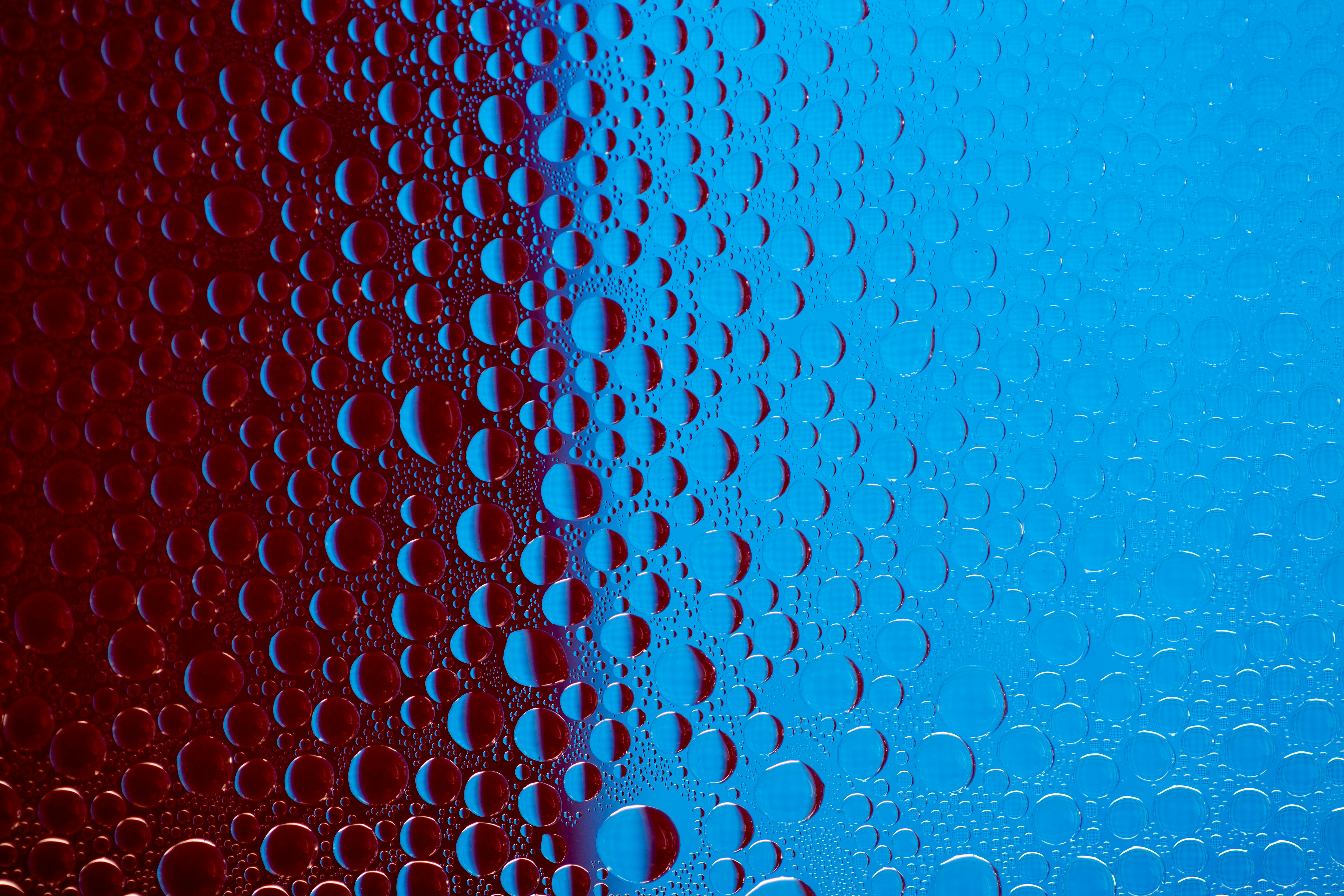 Kostenlos Leuchtend rote und blaue Wassertropfen bilden abstrakte Muster auf dem Glas. Stock-Foto