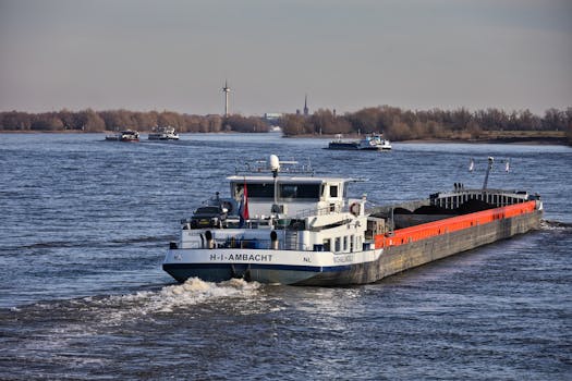A cargo ship cruising along a wide river under a clear sky, showcasing inland waterway transport.