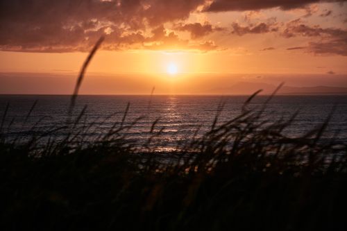 Free Experience a stunning sunset over the Atlantic Ocean with coastal grass framing the serene view in Donegal, Ireland. Stock Photo