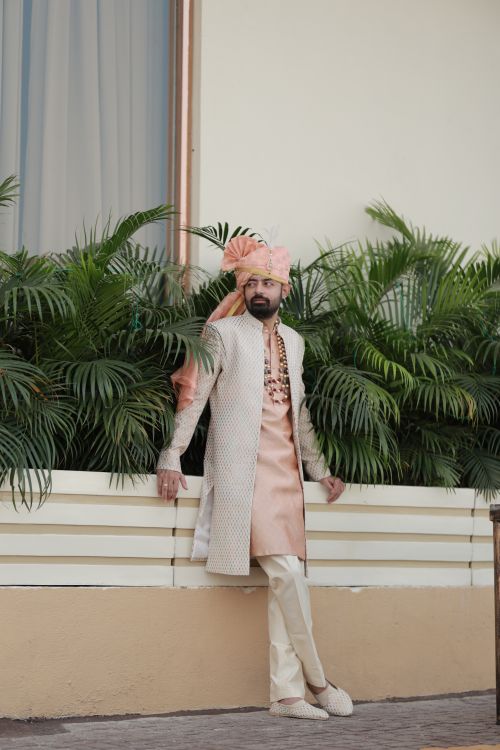 Free Man wearing pink traditional attire and turban poses near lush green plants outdoors. Stock Photo
