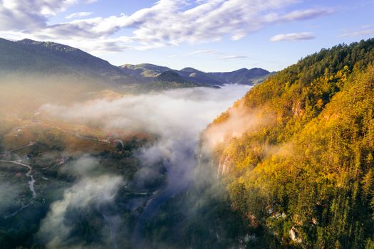 A stunning aerial view of a misty mountain landscape with autumn foliage under a clear morning sky.. pexels, stunning, aerial
