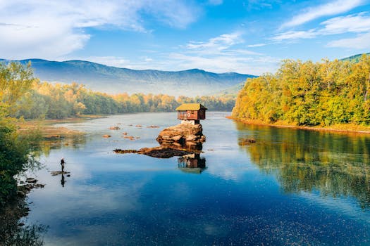 Scenic view of a small house perched on a rock in the Drina River, Mokra Gora, Serbia.
