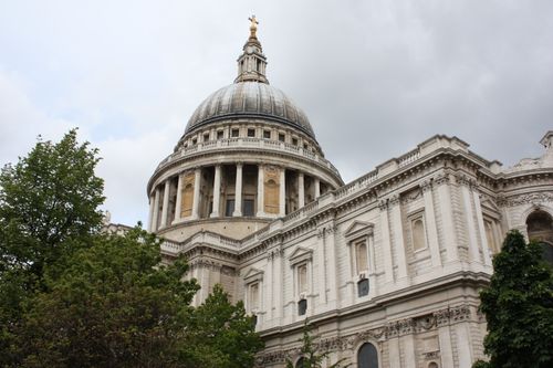 Free St. Paul's Cathedral dome and architecture with overcast sky in London. Stock Photo