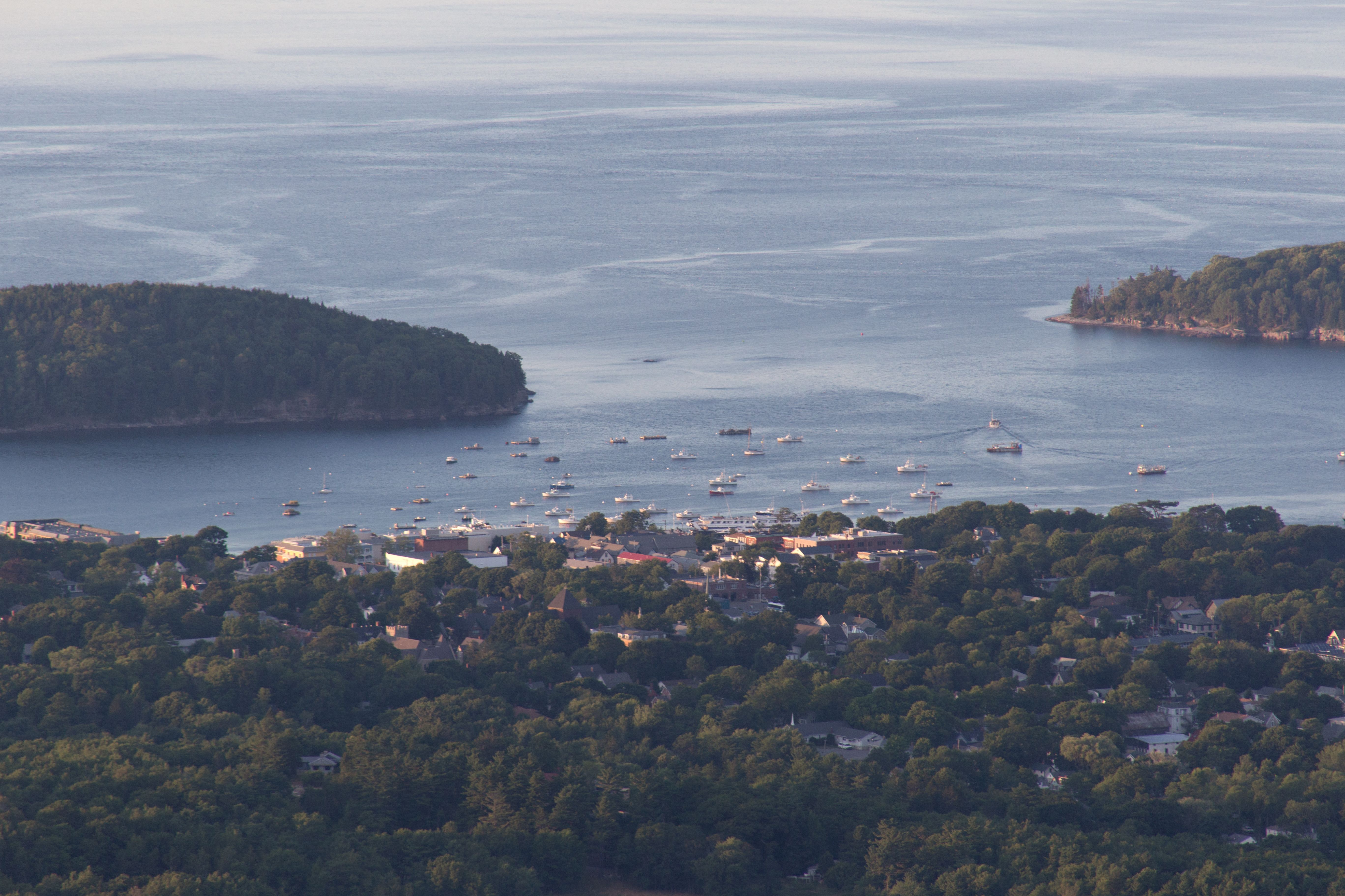 A scenic aerial view capturing a coastal town with boats in a serene harbor surrounded by lush greenery.