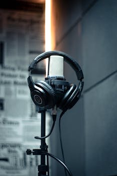 Close-up of a microphone with headphones in a modern recording studio.