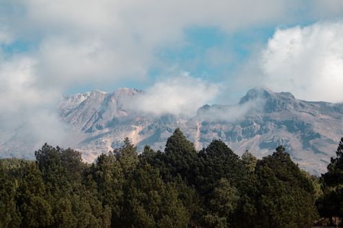 Free Scenic view of mountains partially covered by clouds above a lush forest. Stock Photo