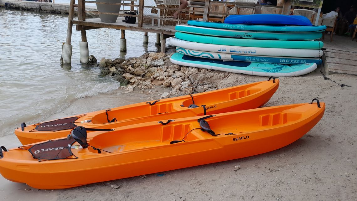 Orange kayaks and paddleboards arranged on a sandy beach