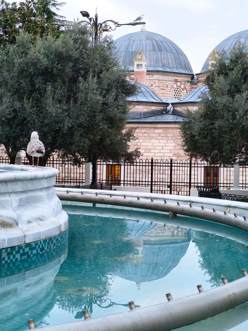 Free Serene fountain view with reflections at a historical Ottoman bath in Istanbul. Stock Photo