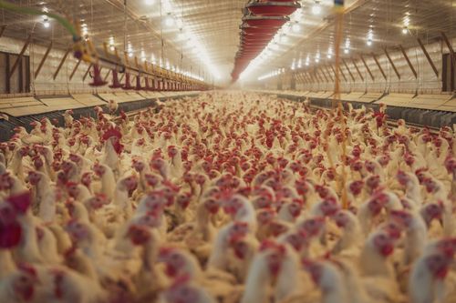 Free Extensive view of a poultry farm filled with numerous white chickens raised indoors. Stock Photo