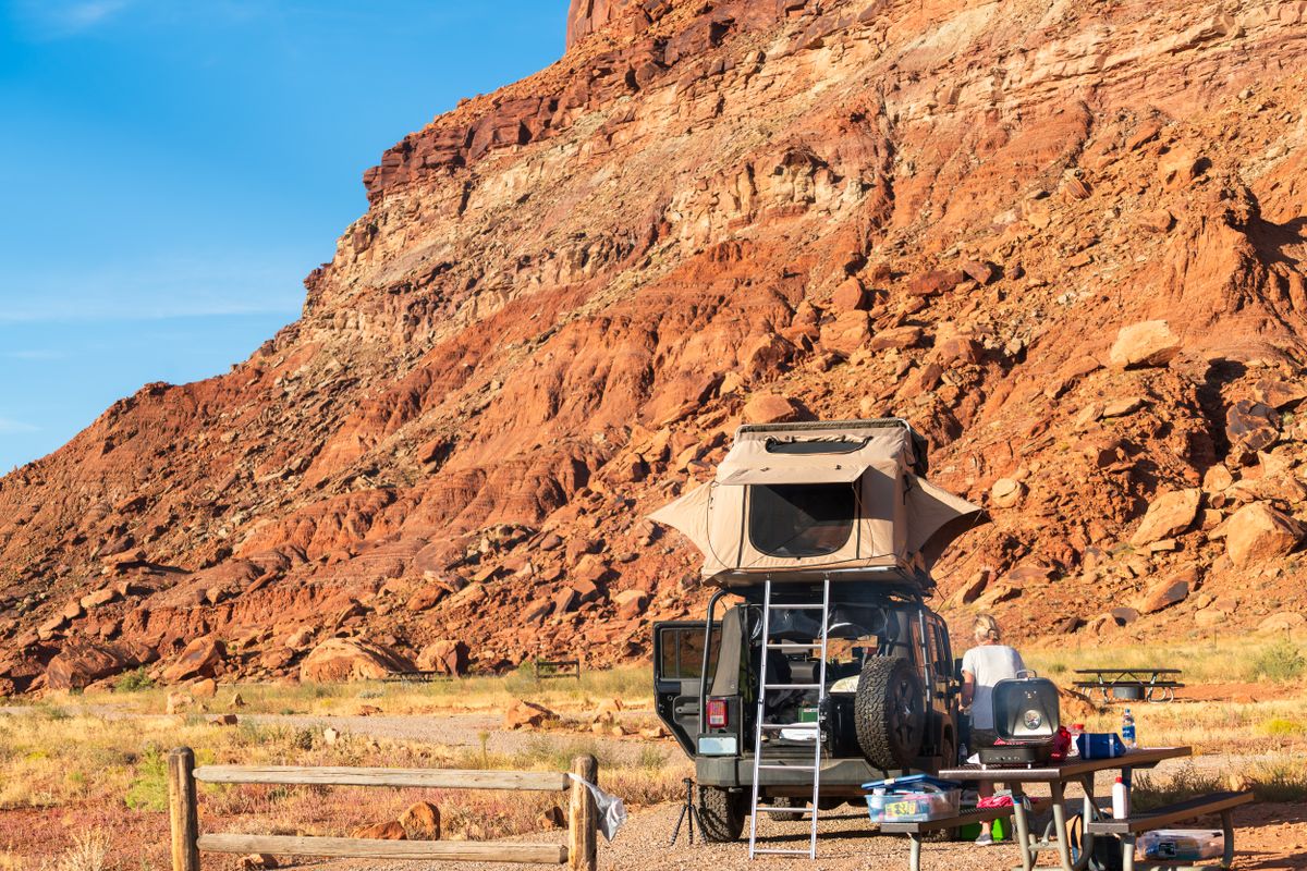 Camp kitchen and tent in desert
