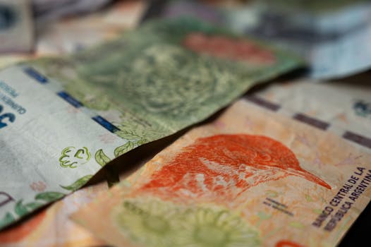 Close-up of colorful Argentine peso banknotes, featuring native wildlife and plants.