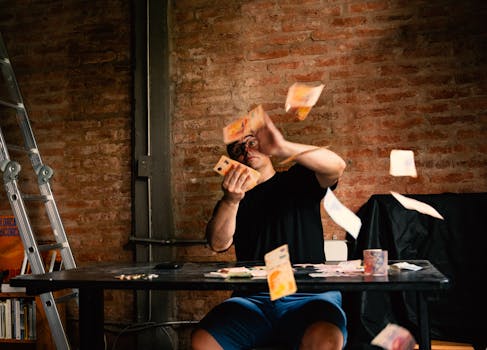 Man sitting at a table with Argentine pesos flying around in industrial interior.