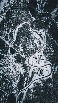 A winding mountain road cutting through snow-covered forests in Gerede, Turkey, during winter.