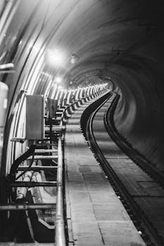 Grayscale photo of an empty subway tunnel with gleaming tracks and infrastructure.