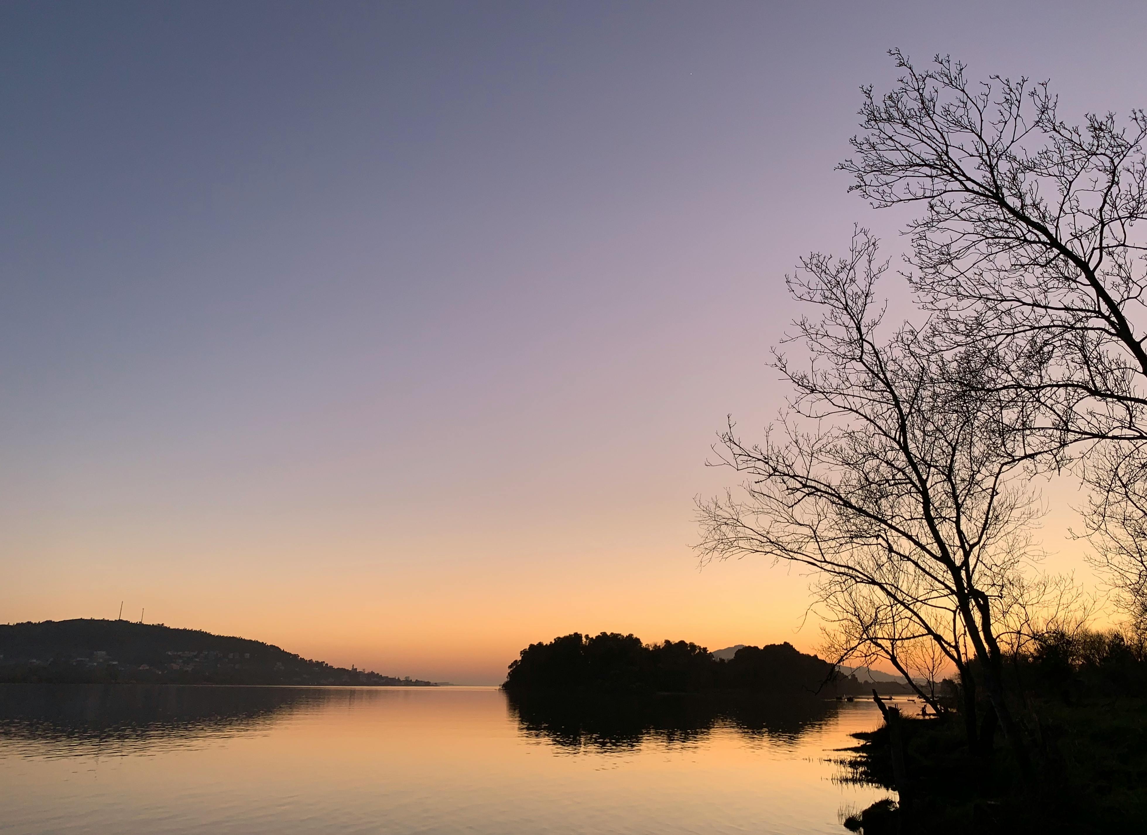 Tranquil scene of a sunset over a lake with silhouetted trees and distant island.