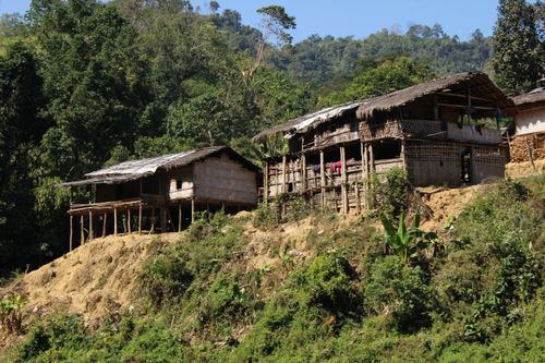 Free Rustic wooden houses on a lush hillside surrounded by dense forest, showcasing traditional architecture. Stock Photo