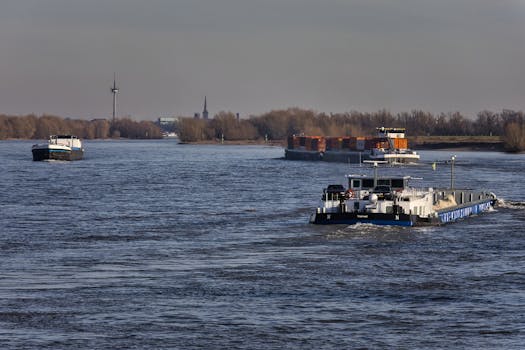 Cargo ships navigating a serene inland waterway showcasing efficient transportation.