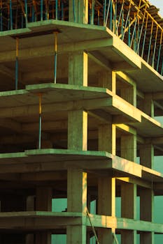 Concrete building structure in early stages of construction captured at sunset, showcasing architectural framework.