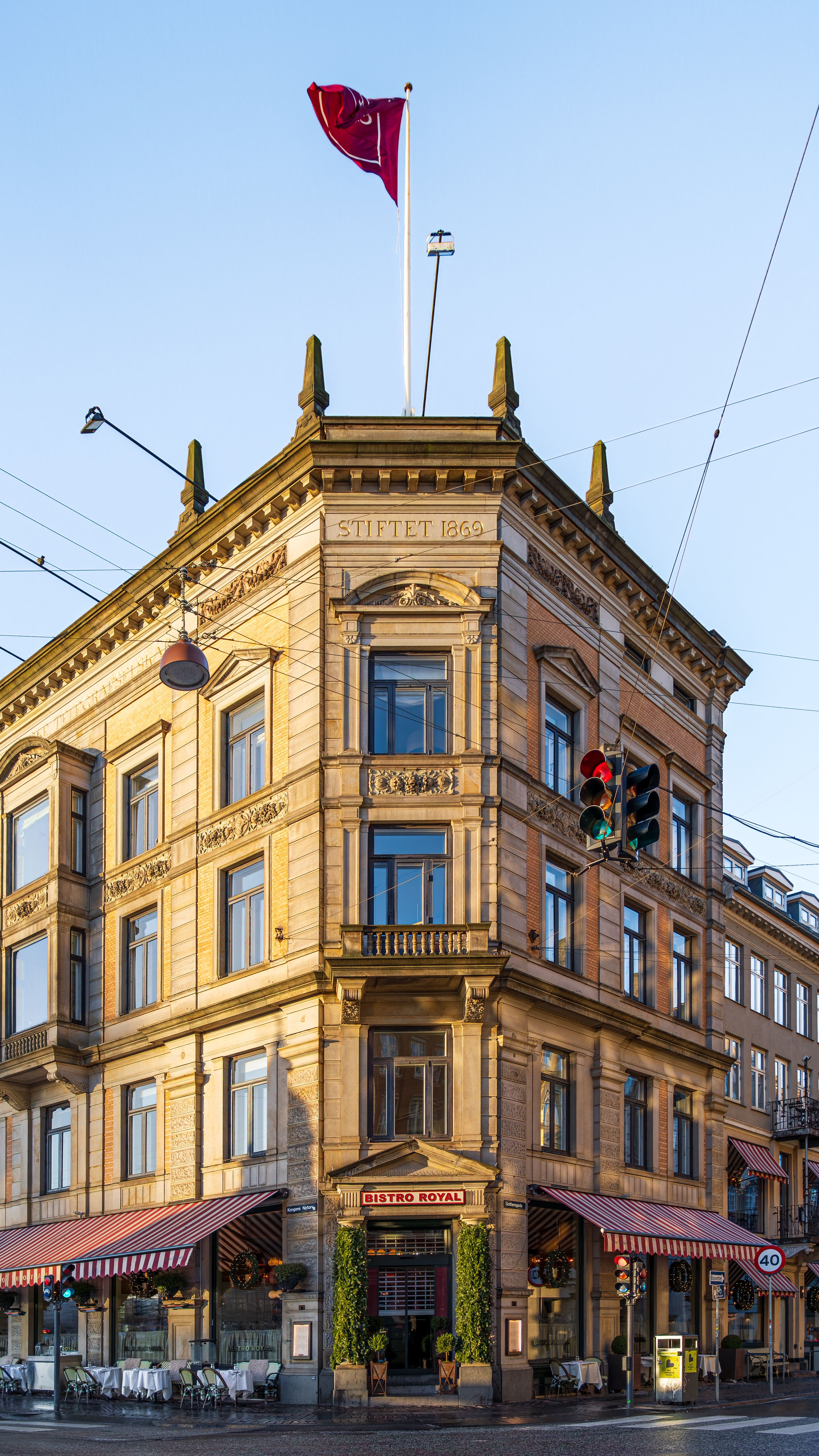 Elegant facade of Bistro Royal in central Copenhagen, Denmark.