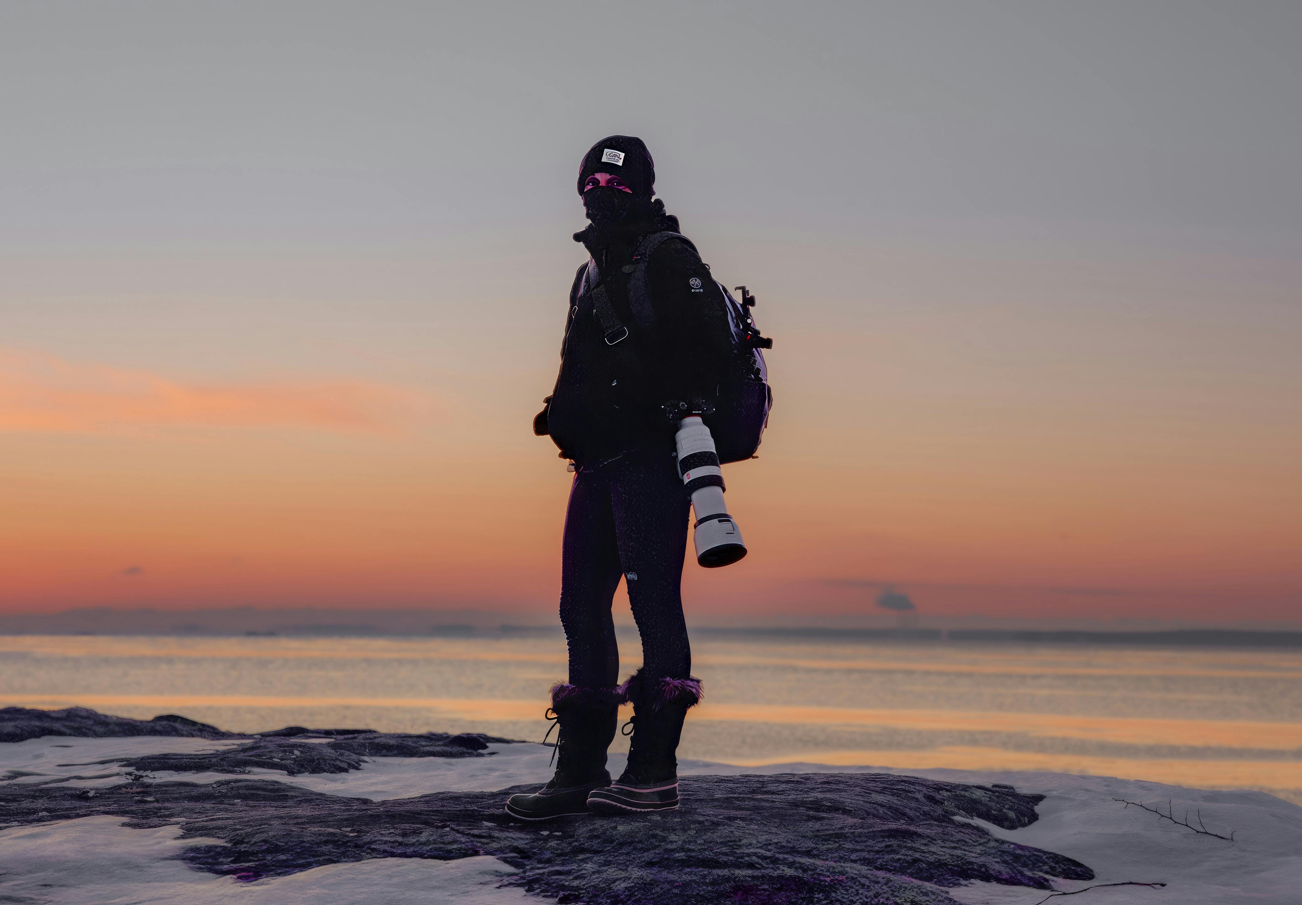 A photographer stands on a snowy shoreline with camera gear, capturing a breathtaking winter sunrise over calm waters.