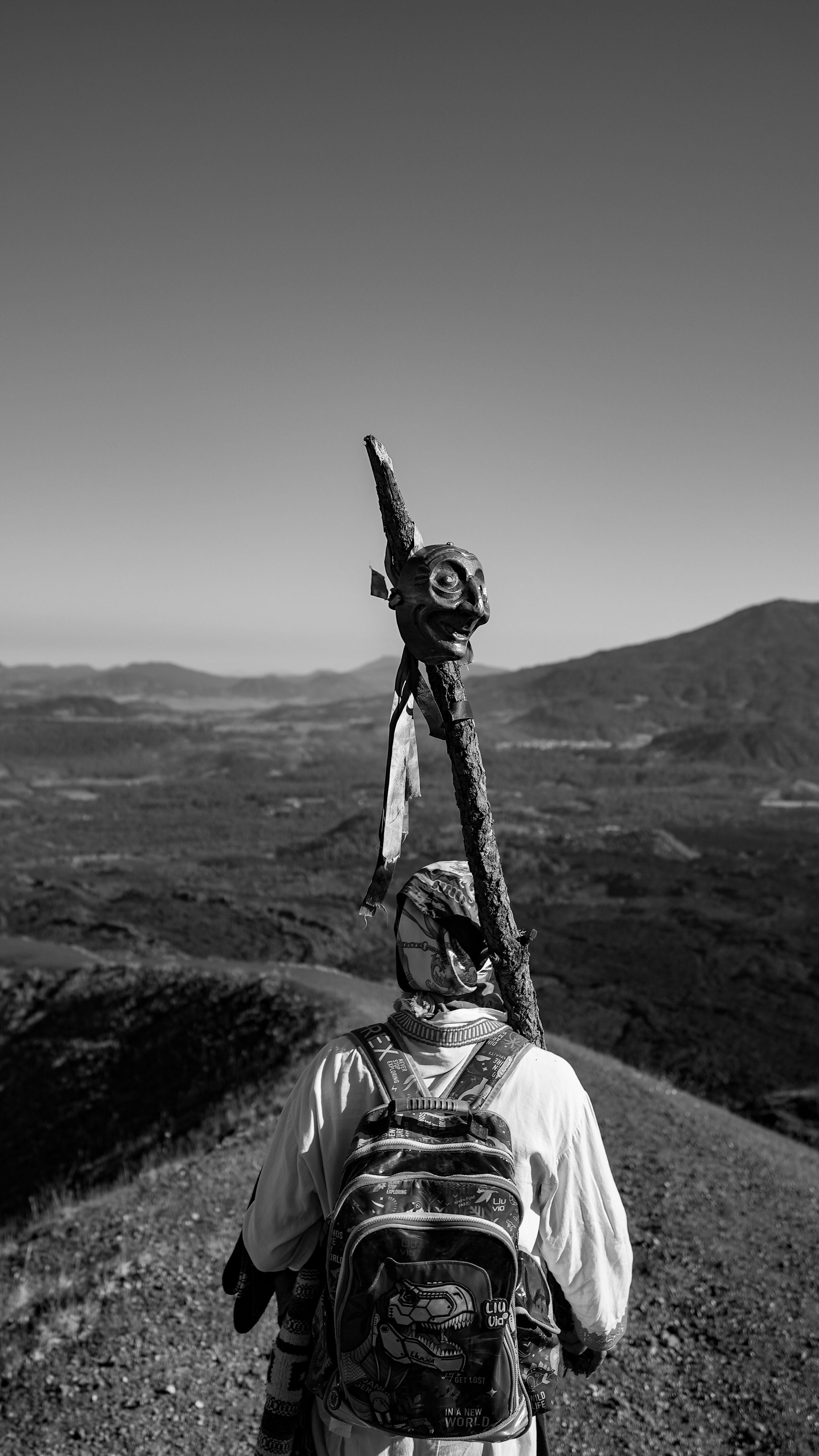 Fotomural Un viajero solitario está en una montaña con un bastón, observando el paisaje mexicano.