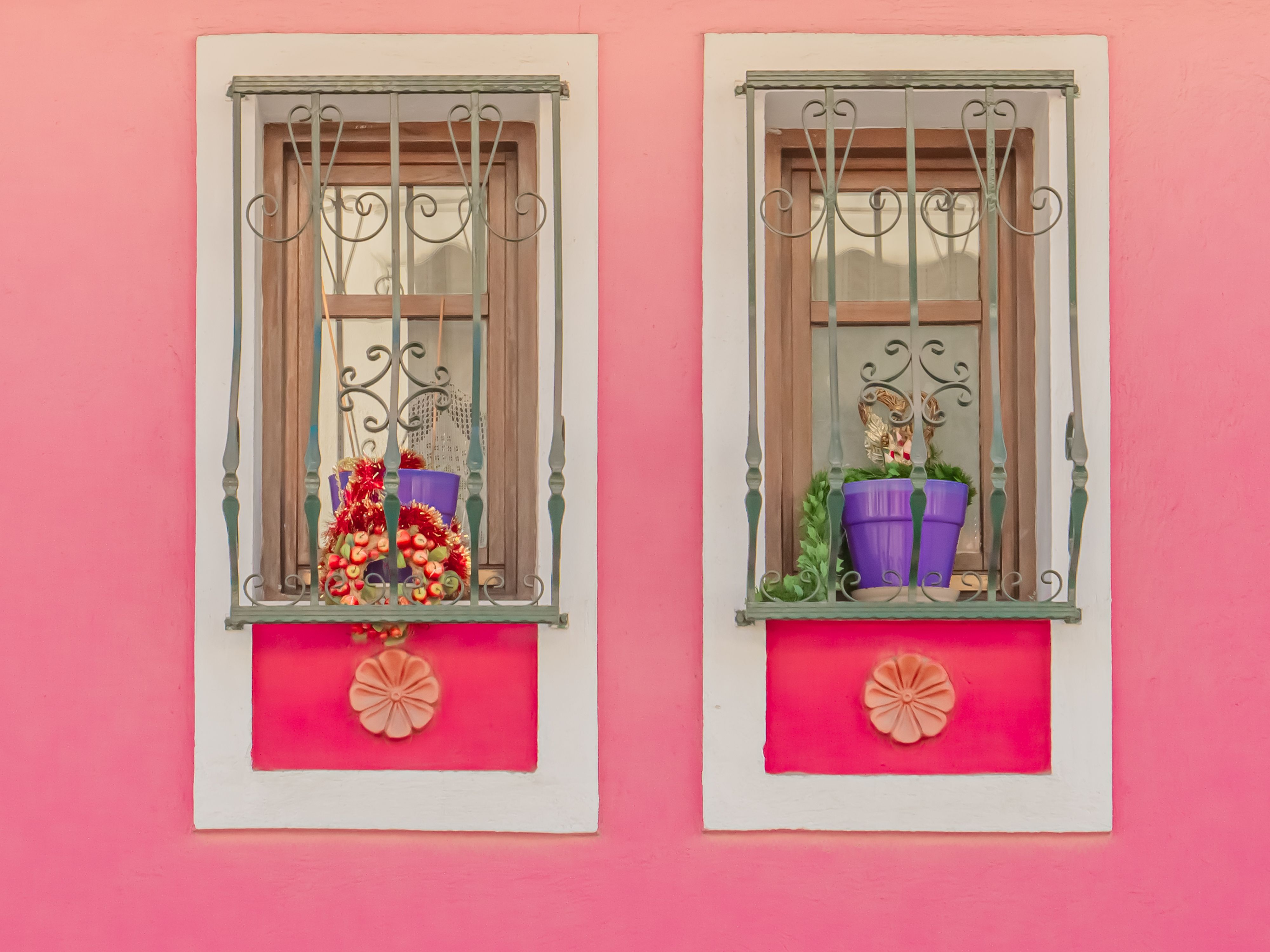 Charming Greek Windows with Pastel Pink Facade · Free Stock Photo