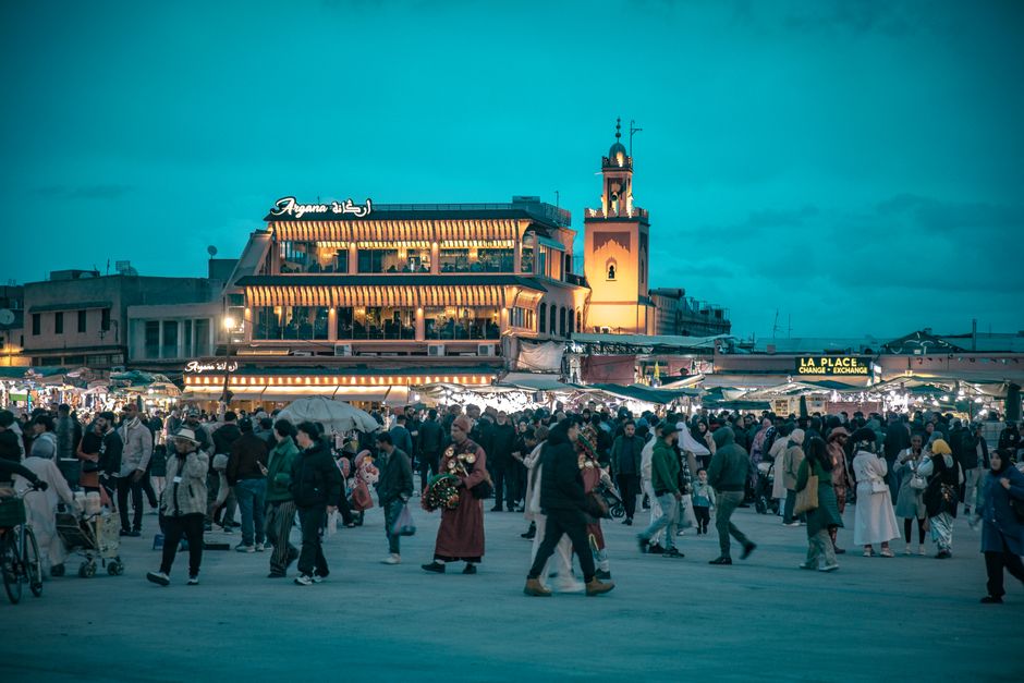 Vibrant Jemaa el-Fnaa square in Marrakech at dusk